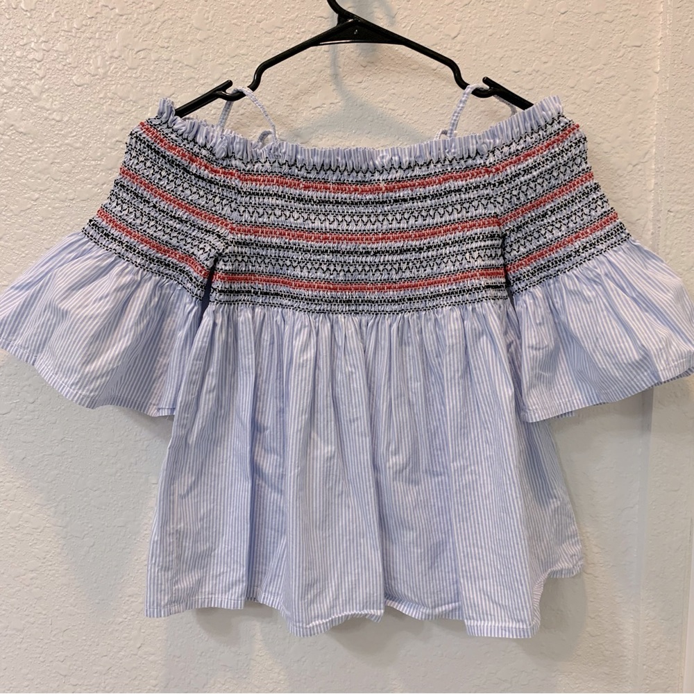 Off the shoulder blue striped shirt